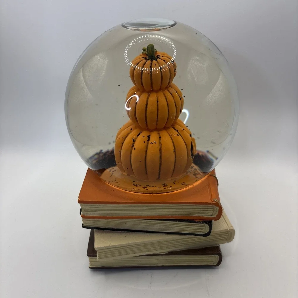 Halloween Musical Snow Globe Stacked Orange Pumpkins BOO Spell‎ Books Decor